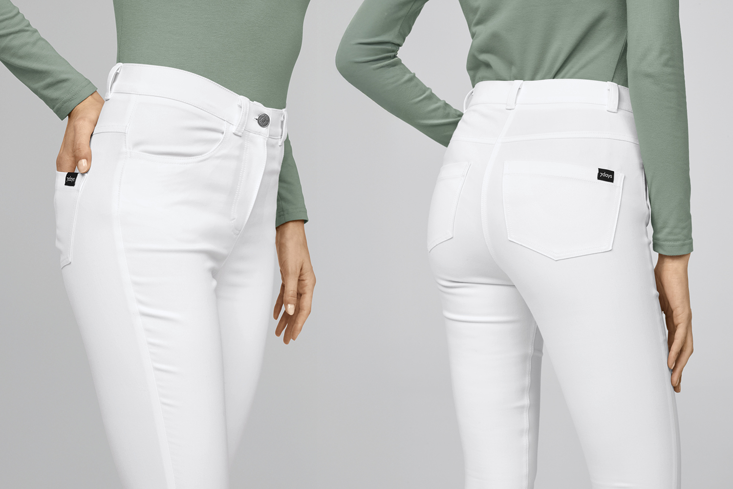 Vue de profil et vue de dos d'un pantalon élastique blanc de la marque 7days.